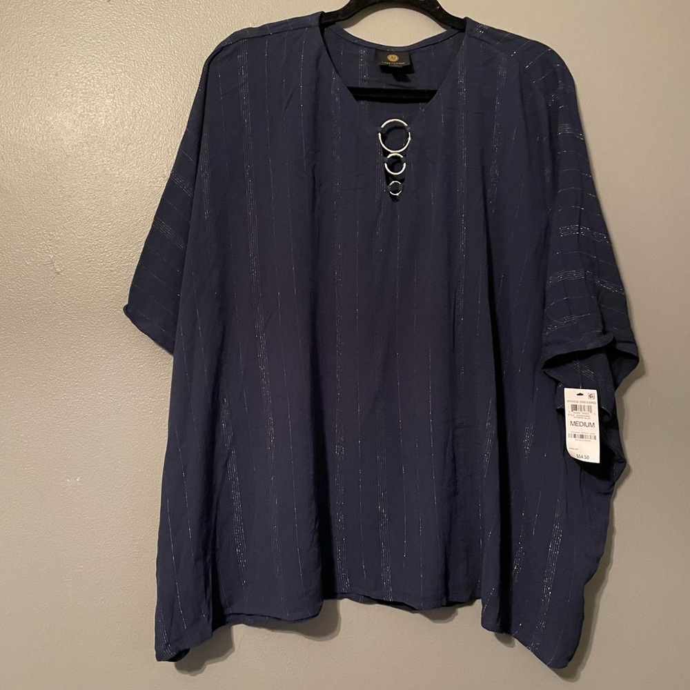 NWT JM Collection Sz Med Women’s Blue Silver Ring Stripe Short Sleeve Top R $54!